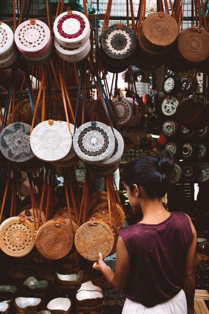 Ubud Market in Bali showcasing round woven bags